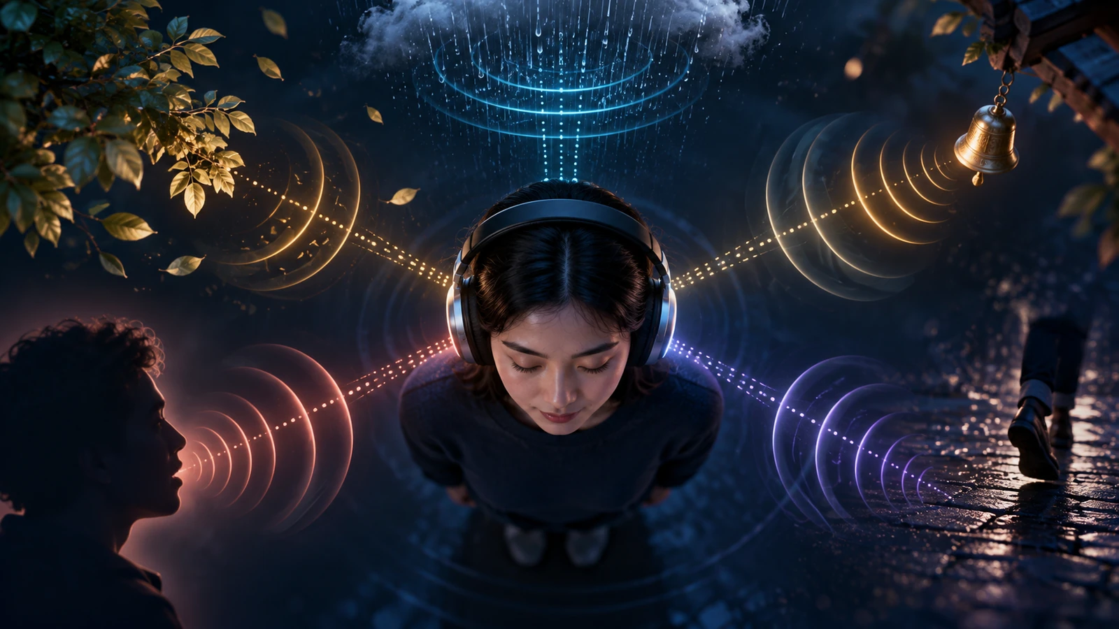 Ilustrasi AI: perempuan berheadphone dilihat dari atas, dengan gelombang suara dari hujan, daun, lonceng, langkah kaki, dan seseorang yang berbicara datang dari arah berbeda