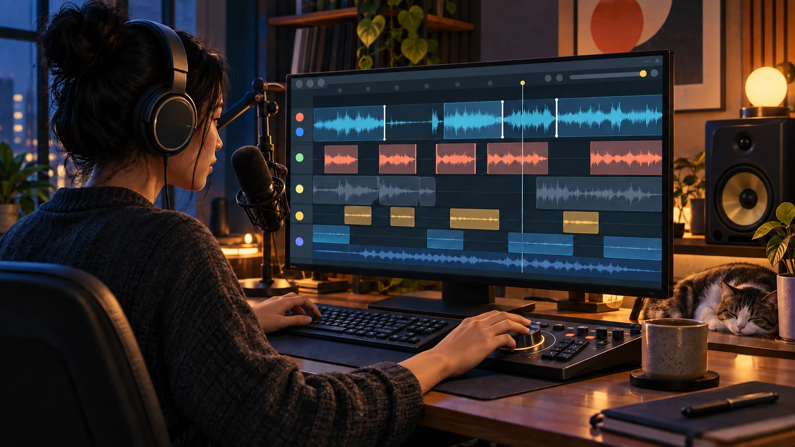 Ilustrasi AI: perempuan berheadphone menyunting banyak trek dan klip audio pada monitor besar dengan papan kontrol di sampingnya
