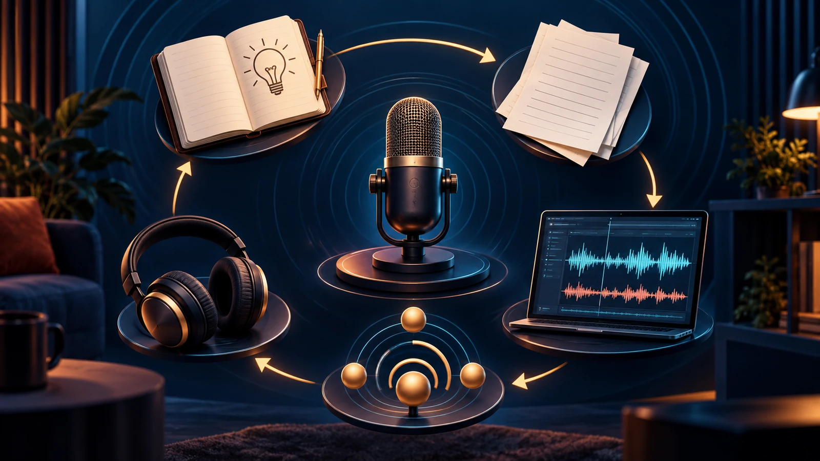 Ilustrasi AI: alur melingkar dari buku ide, lembar naskah, laptop berisi gelombang suara, ikon siaran, hingga headphone, dengan mikrofon di tengah