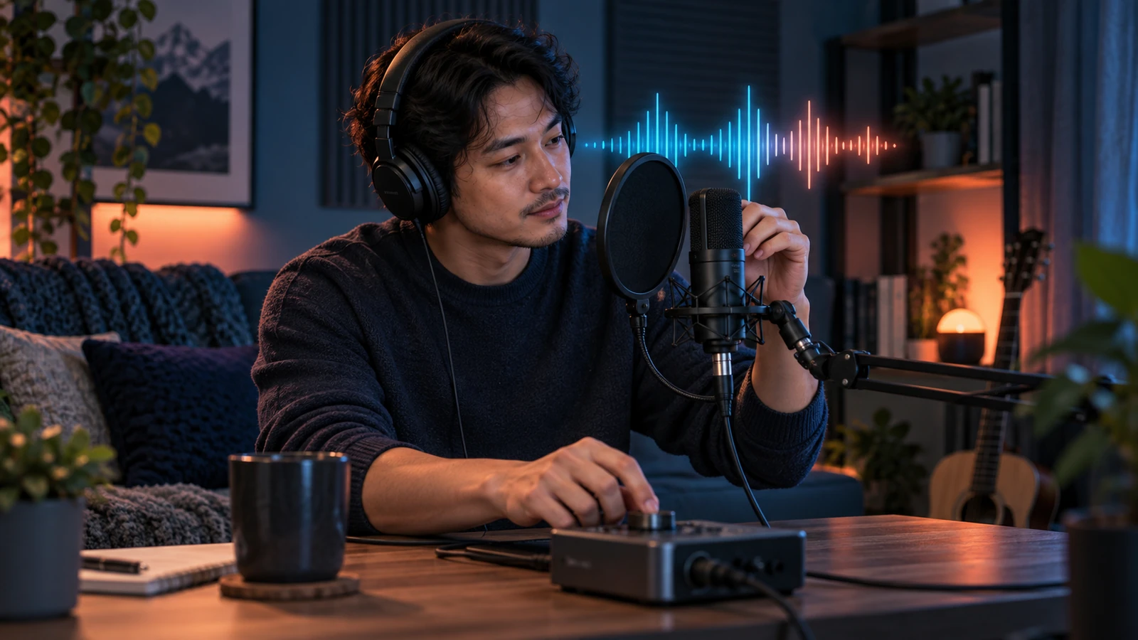 Ilustrasi AI: pria berheadphone memegang mikrofon di dudukan peredam getaran sambil memutar kenop antarmuka audio di meja