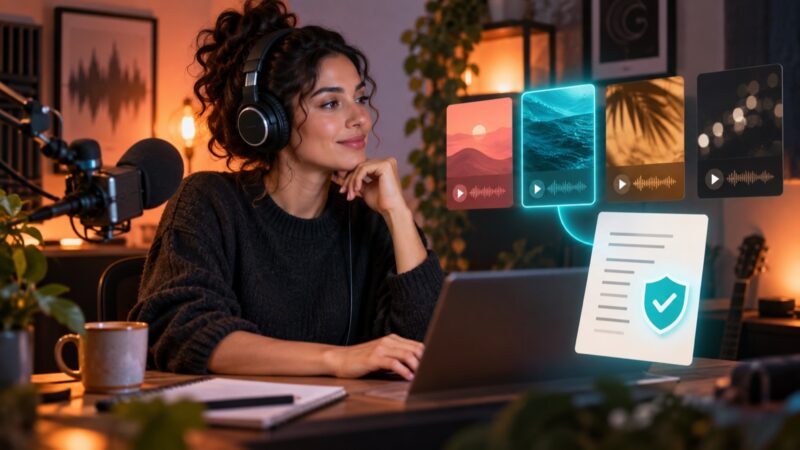 Ilustrasi AI: perempuan berheadphone di depan laptop menimbang beberapa kartu trek musik, dengan satu kartu tersambung ke dokumen berikon perisai centang